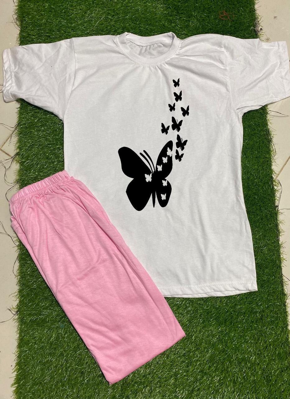 Women Pink Butterfly Print Night Suit Set Cotton Jersey Medium to XL