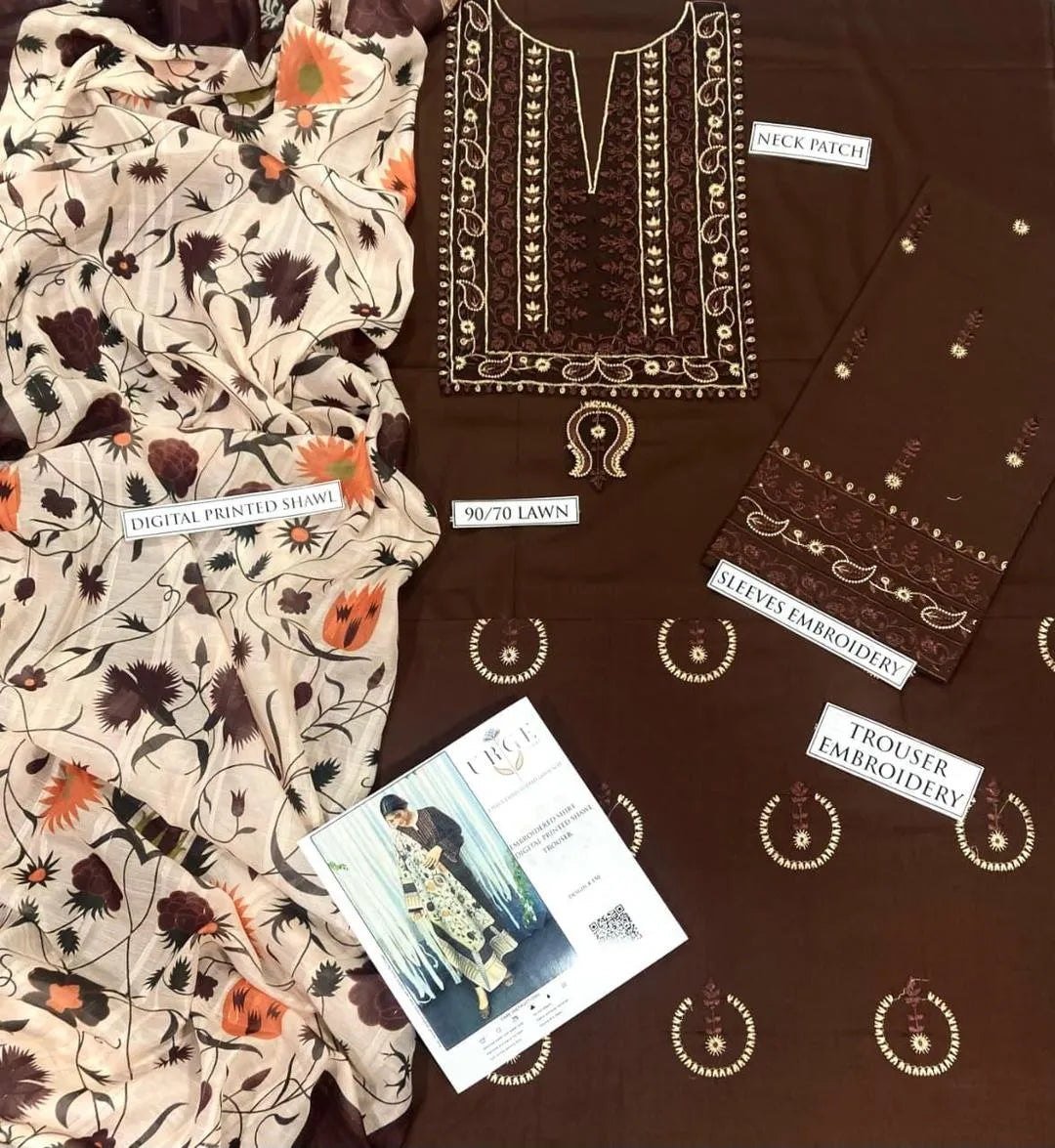 Brown Embroidered 3Pcs Lawn Kurta Set for Women