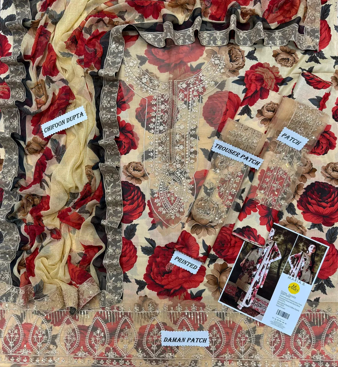 3 Pcs Women's Unstitched Printed Embroidered Suit