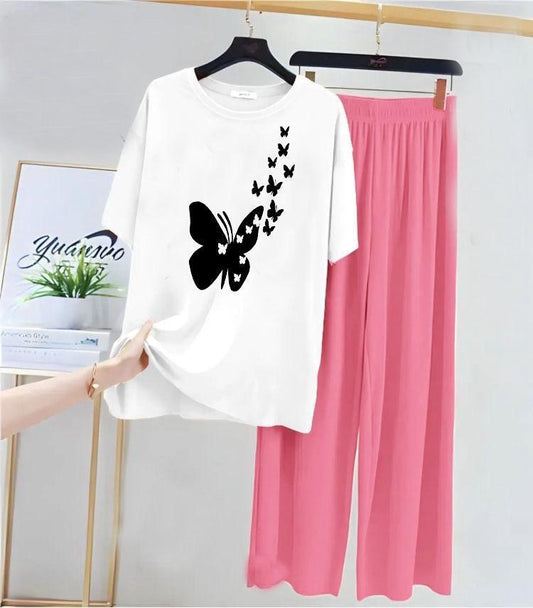 Women Pink Butterfly Print Night Suit Set Cotton Jersey Medium to XL