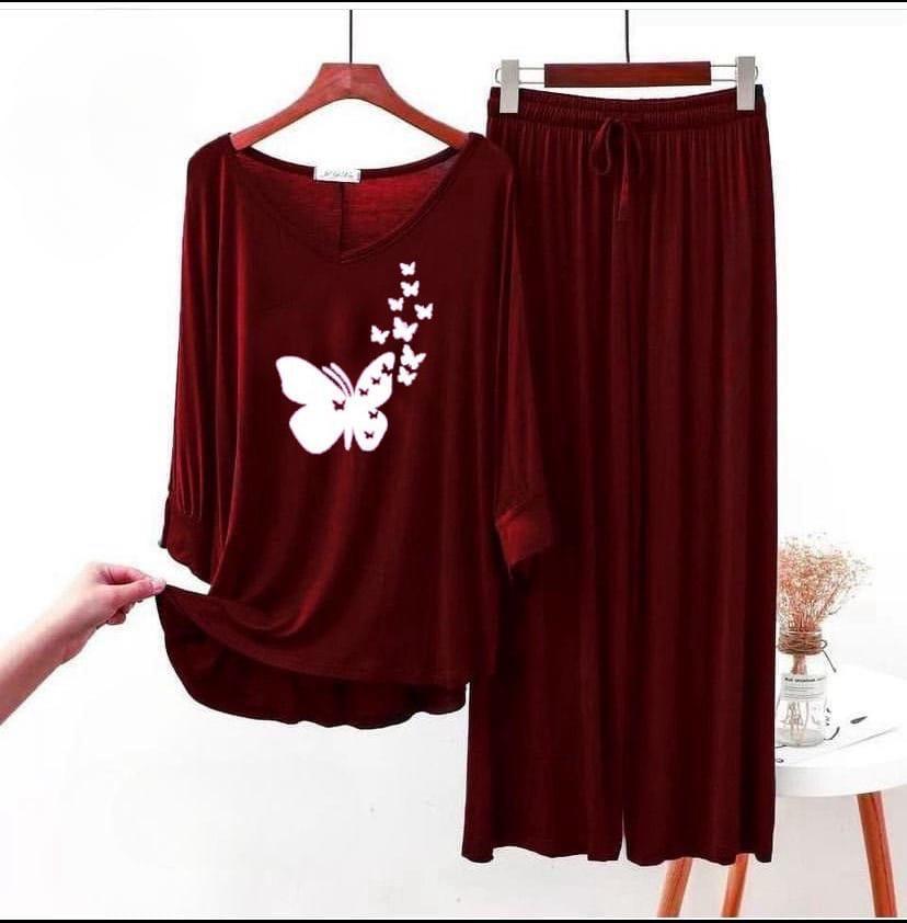 Maroon Butterfly Print Night Suit Cotton Jersey Set