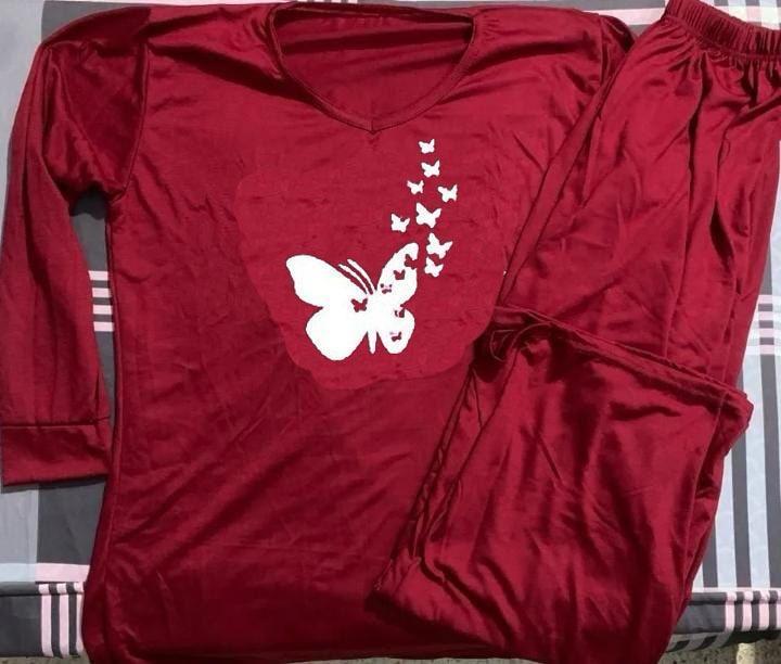Maroon Butterfly Print Night Suit Cotton Jersey Set