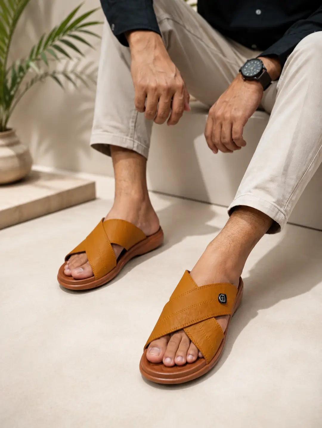 Men's Cross Strap Slide Sandals | Premium Soft Comfortable Slippers for Men | Lightweight Anti-Slip Casual Summer Slides | Indoor Outdoor Open Toe Brown Sandals