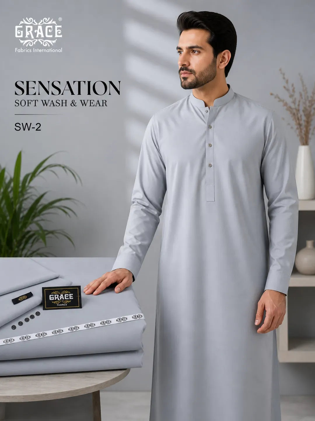 Men's Grey Wash & Wear Kurta Suit SW-2