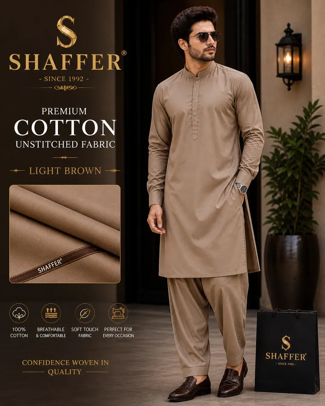 Men Cotton Unstitched Suit Light Brown Summer