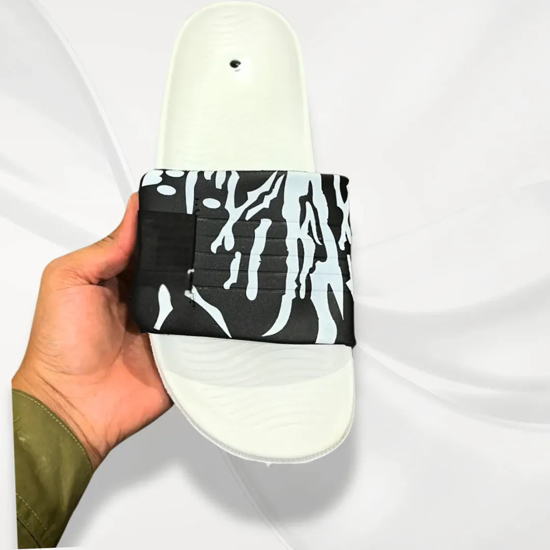 Men Black Printed Slide Slippers White Foam All Season
