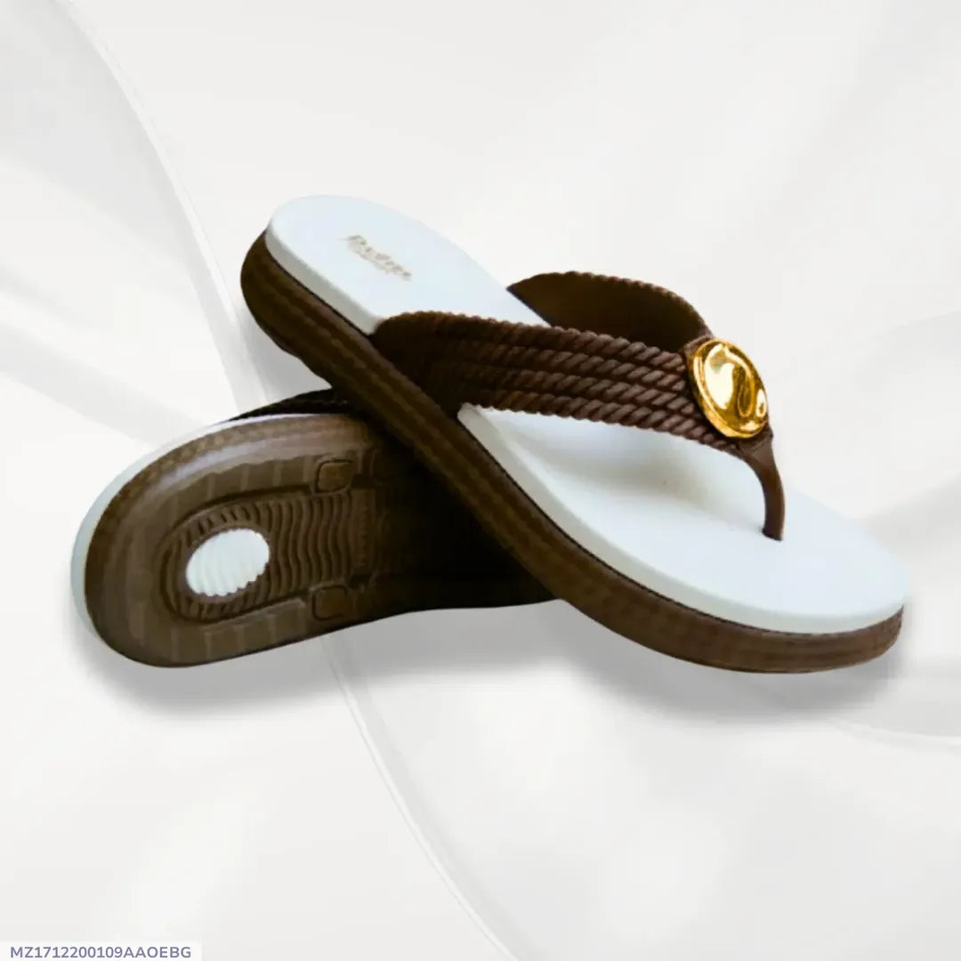 Women's Brown Rexine Fancy Flats with Gold Button