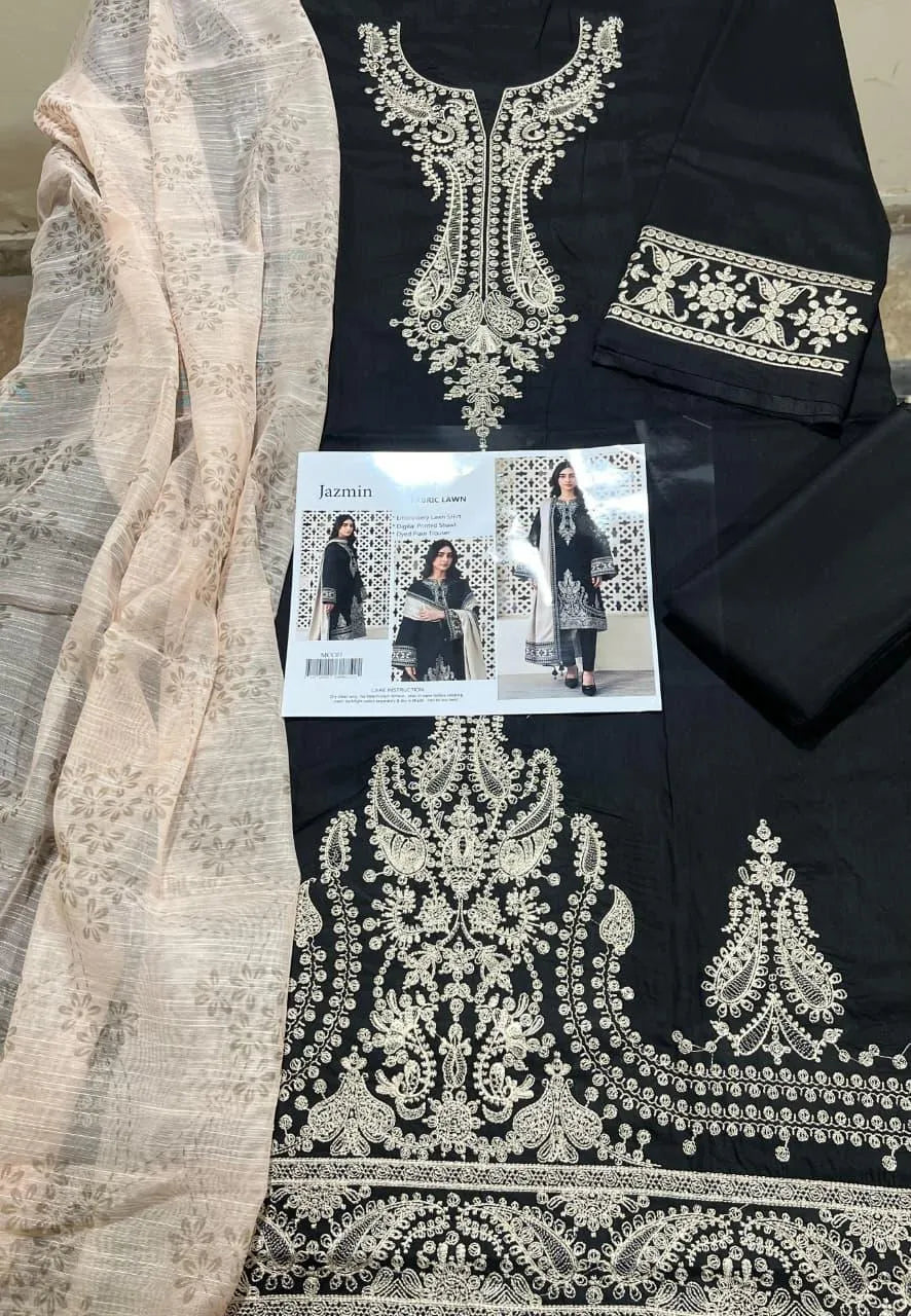 Black Embroidered Kurta Set with Beige Shawl for Women