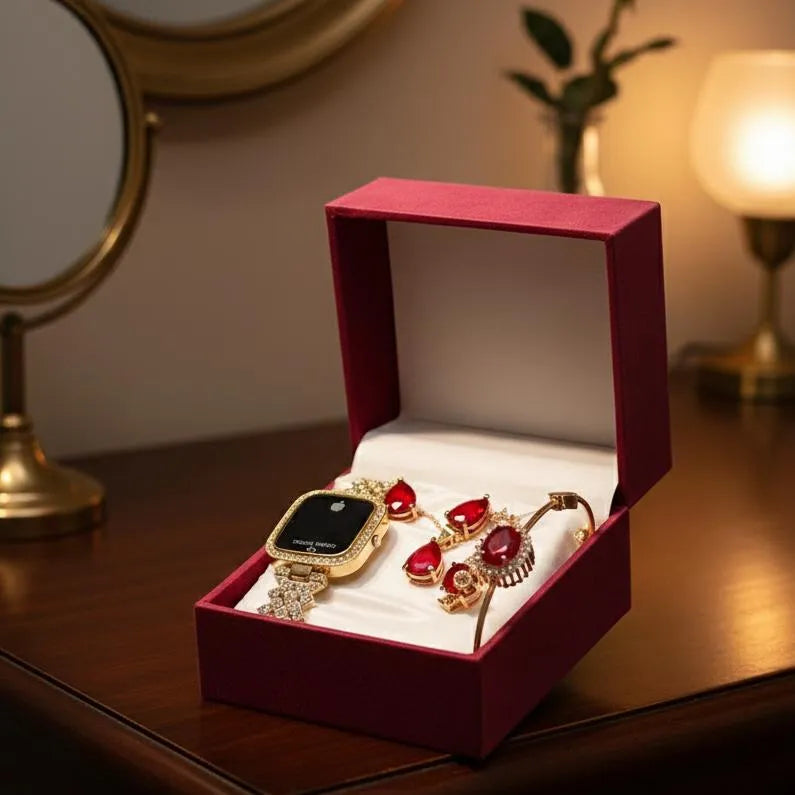 Elegant Red Jewelry Box with Watches & Rings