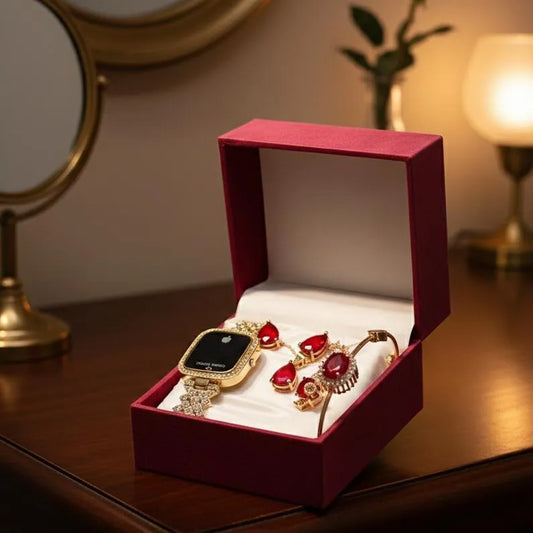 Elegant Red Jewelry Box with Watches & Rings