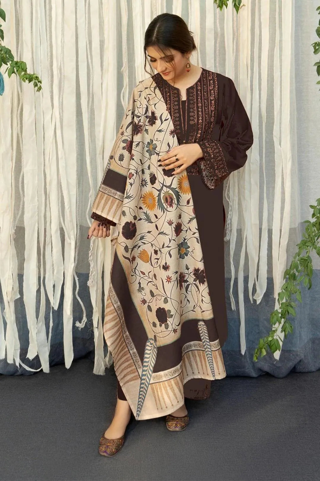 Brown Embroidered 3Pcs Lawn Kurta Set for Women