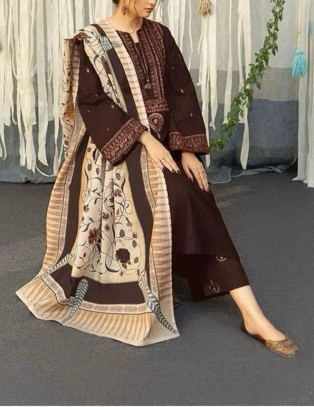 Brown Embroidered 3Pcs Lawn Kurta Set for Women