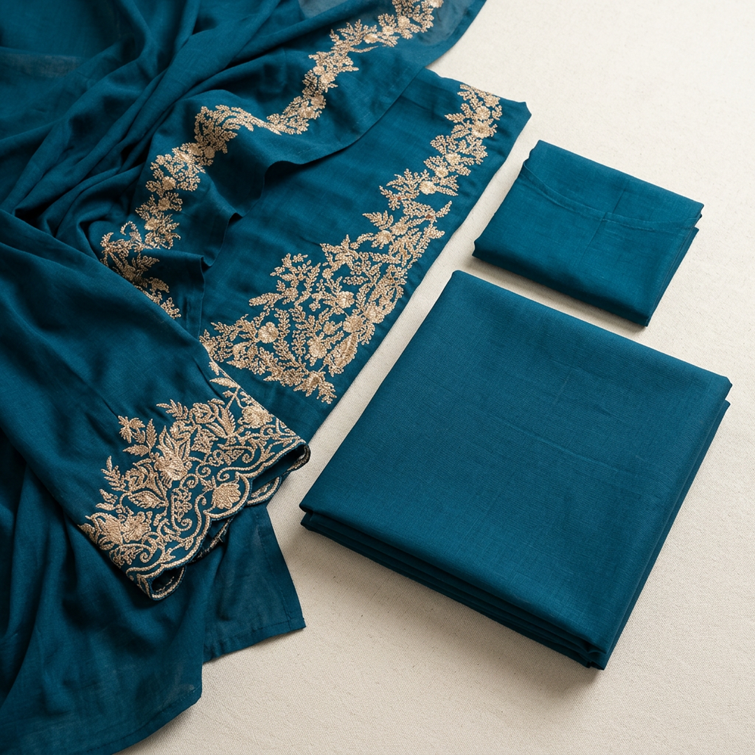Unstitched Lawn Suit Blue Gold Embroidery for Bakra Eid