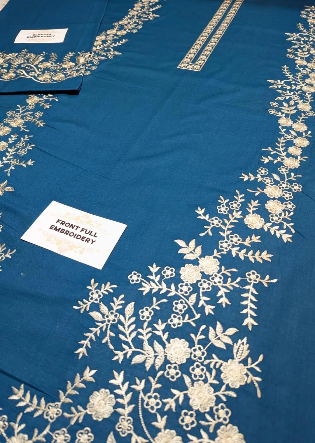 Unstitched Lawn Suit Blue Gold Embroidery for Bakra Eid