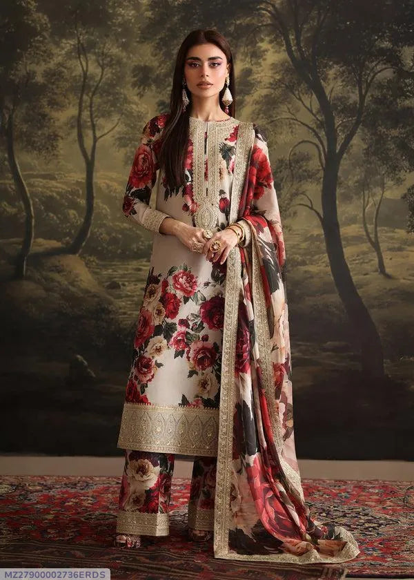 3 Pcs Women's Unstitched Printed Embroidered Suit
