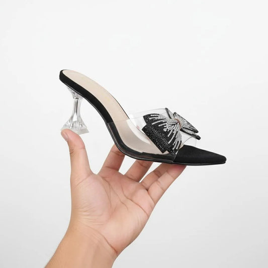 Black Bow Heels with Transparent Heel for Women