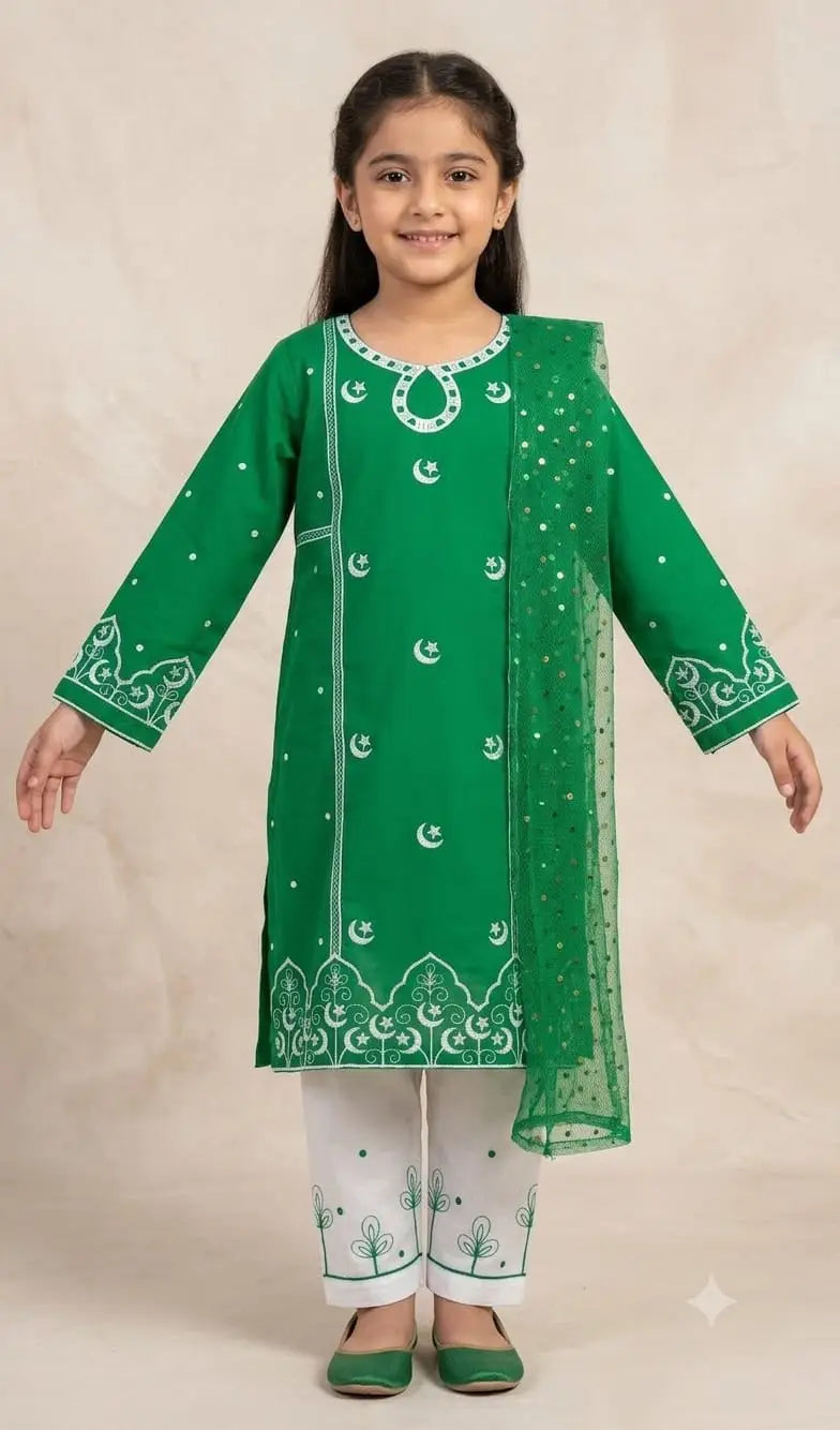 3 Pcs Girl's Cotton Embroidered Kurta And Shalwar Suit