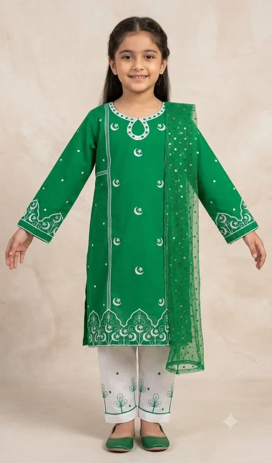 3 Pcs Girl's Cotton Embroidered Kurta And Shalwar Suit