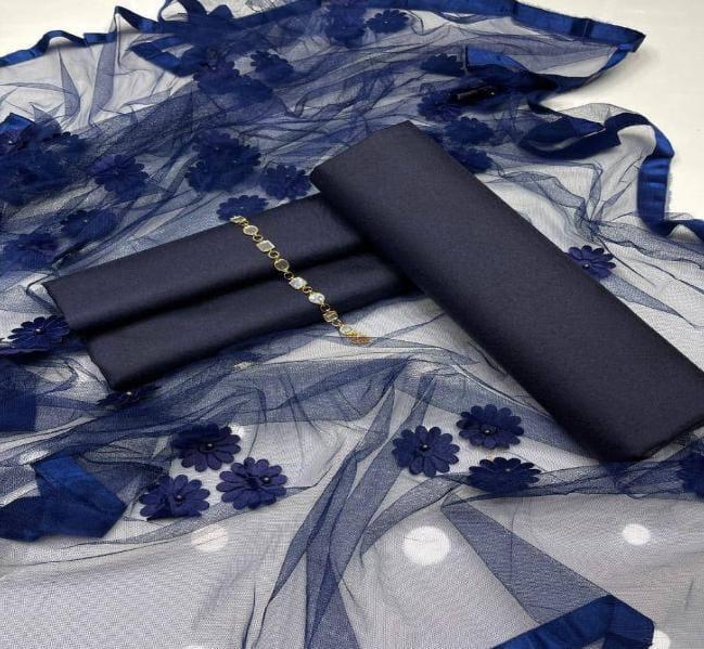 Unstitched Silk Embroidered Suit for Men Blue
