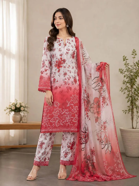 Red Printed Lawn 3Pcs Women Suit Set