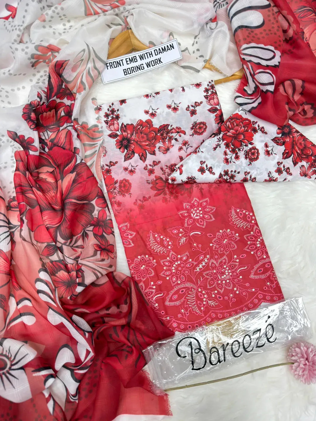 Red Printed Lawn 3Pcs Women Suit Set