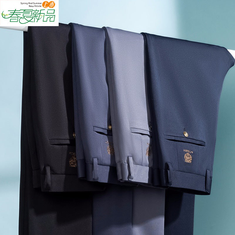 Men Ice Silk Stretch Business Casual Pants High Waist Blue Black