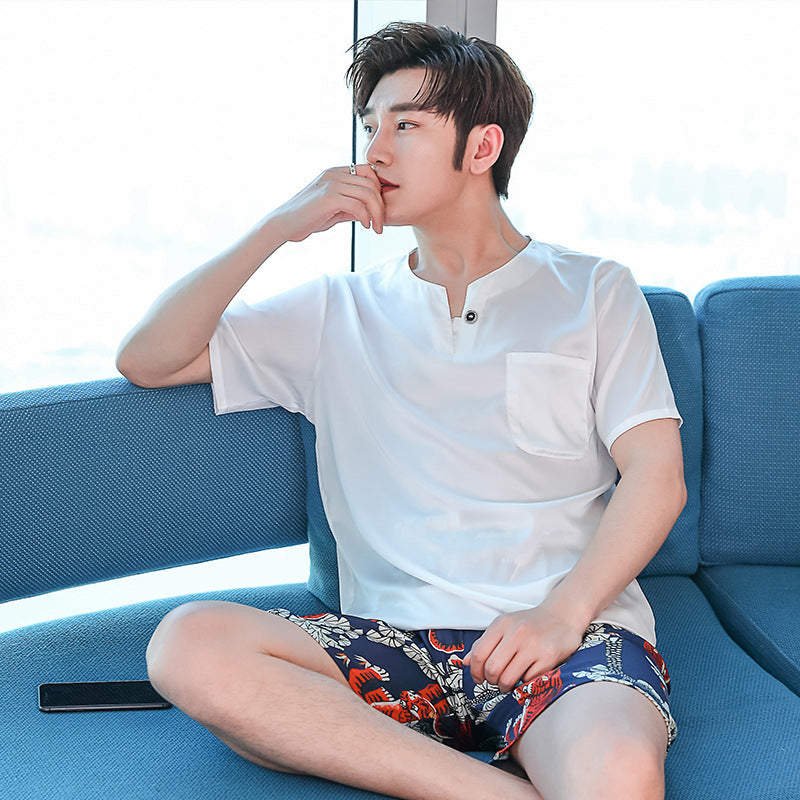 Men's Ice Silk Pajamas White XL Summer Sleepwear