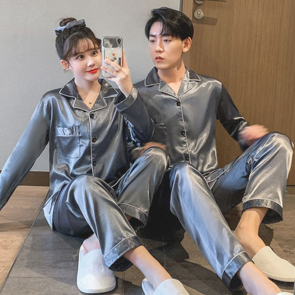 Silk Couple Pajamas Long Sleeve Loose Black XL