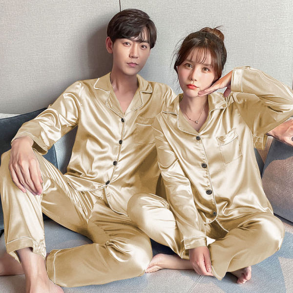 Silk Couple Pajamas Long Sleeve Loose Black XL
