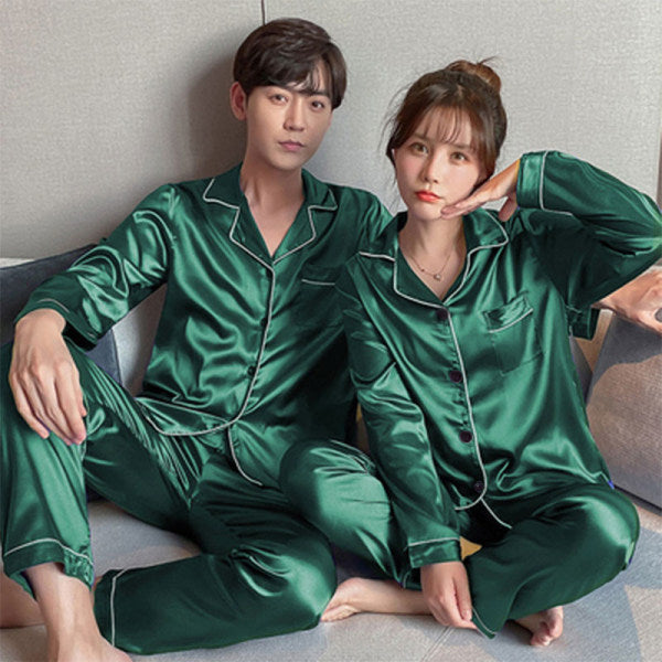 Silk Couple Pajamas Long Sleeve Loose Black XL