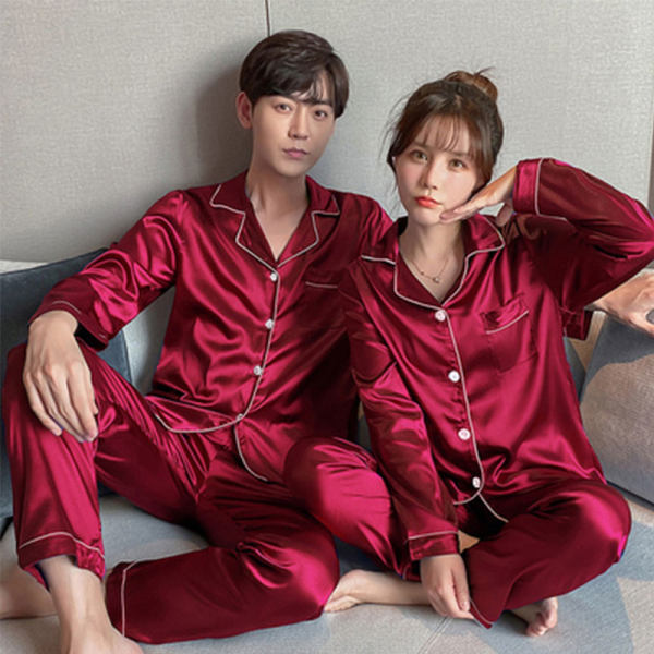 Silk Couple Pajamas Long Sleeve Loose Black XL